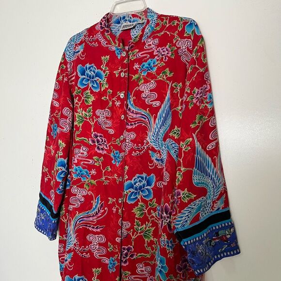 Chico's Silk Asian Art Kimono Top Womens XL 3 Floral Phoenix Red Artsy Lagenlook - Picture 3 of 11